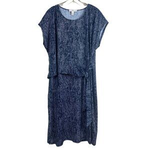 Halston Womens Navy White Textured Print Midi Dress Tie Waist Cap Sleeves Medium